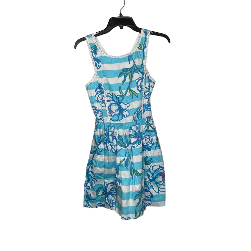 Lilly Pulitzer Sleeveless Dress Size 00 Multi Striped Floral Beaded Lined Cotton